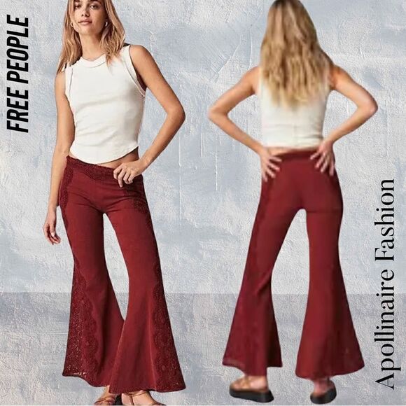 FREE PEOPLE NEPTUNE’S NET CROCHET FLARE PANTS IN WASHED WINE NWT - Picture 1 of 9
